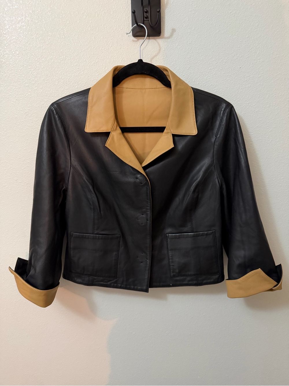 Carlisle Two Tone Black & Tan Genuine Leather Cropped Blazer Jacket S